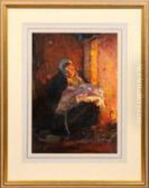 Mutter Mit Ihrem Kindim Schein Des Herdfeuers Oil Painting by Hans Von Bartels