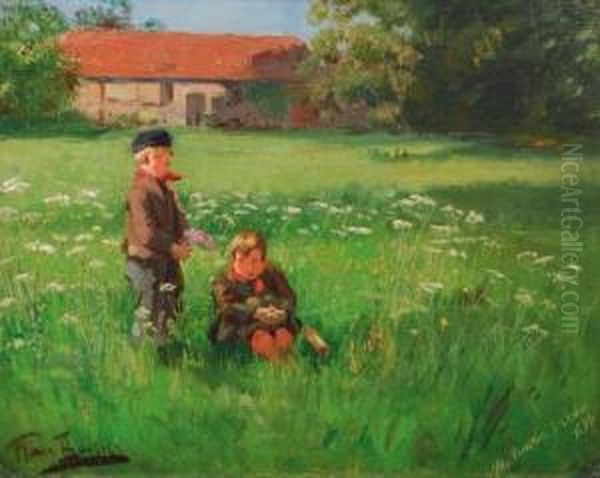 Kinder Auf Der Wiese Oil Painting by Hans Von Bartels