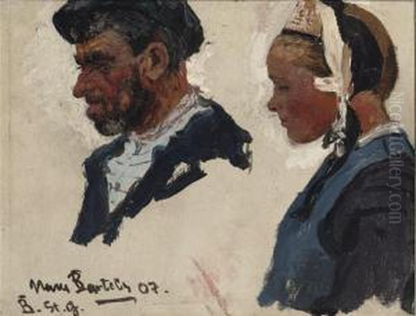 Portrait Studies Of Fisher Folk, Bretagne Oil Painting by Hans Von Bartels