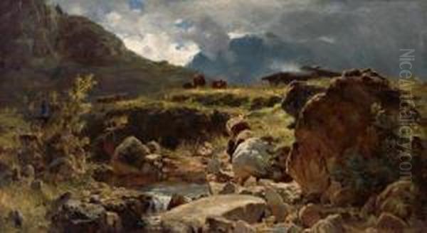 Heimkehr Der Herde Bei Aufziehendem Gewitter Oil Painting by Gustav Freiherr Von Bechtolsheim