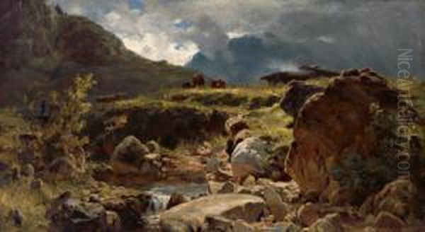 Heimkehr Der Herde Bei Aufziehendemgewitter Oil Painting by Gustav Freiherr Von Bechtolsheim