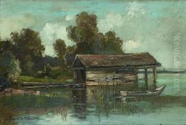 Schiffshutte Am Starnberger
 See. Oil Painting by Gustav Freiherr Von Bechtolsheim