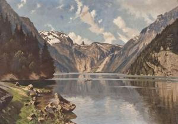 Ruderboot Auf Gebirgssee Vor Alpenkulisse Oil Painting by Adolf von Becker