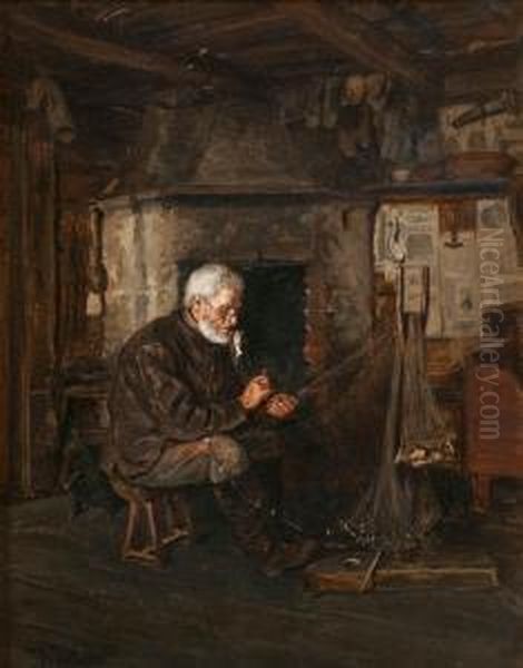 Repairing The Fishing Net Oil Painting by Adolf von Becker