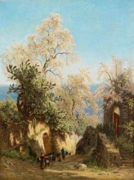 Sudlichekustenlandschaft Mit Bluhenden Baumen Oil Painting by Luise Von Begas-Parmentier