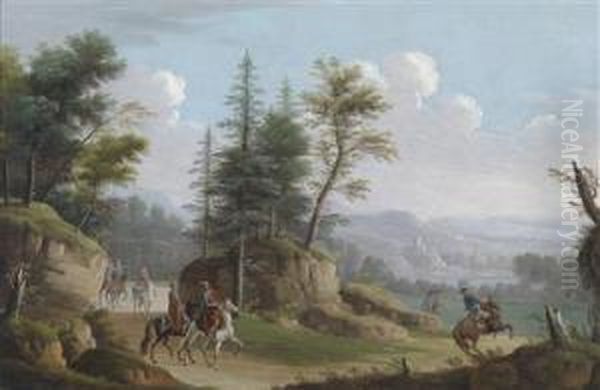 A Landscape With A Hunting Party Oil Painting by Christoph Von Bemmel