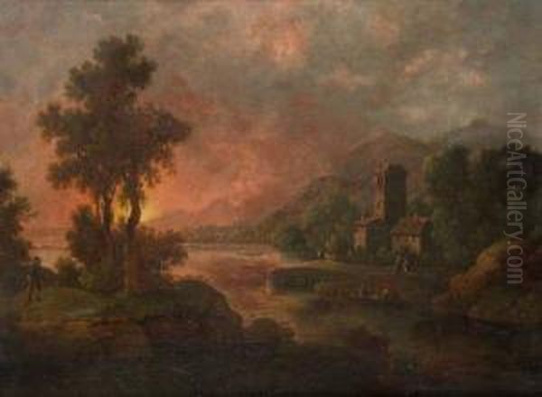 Paysage De Riviere Au Crepuscule Oil Painting by Christoph Von Bemmel