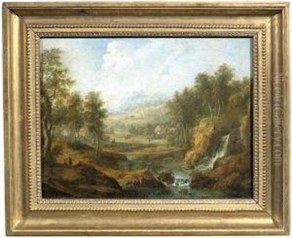 Waldlandschaft Mit Einem Wasserfall, Figurenstaffage Und Einem Dorf Im Hintergrund Oil Painting by Christoph Von Bemmel