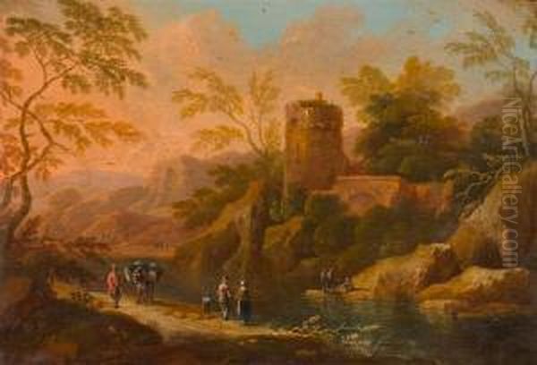 Flusslandschaft Mit Burgruine Und Figuren. Oil Painting by Christoph Von Bemmel