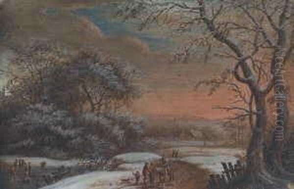 Winterlandschaft. Gouache Auf Papier, Mit Schwarzer Tuschlinie Umrandet, Auf Holz Aufgezogen. H 13; B 19 Cm. Oil Painting by Georg Christoph G. Von Bemmel