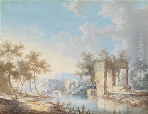 Flusslandschaft Mit Fischern Vor Einer Antiken Ruine Und Hugeln Im Hintergrund Oil Painting by Georg Christoph Ii Von Bemmel