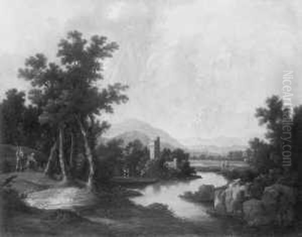 Flusslandschaft Mit Wanderern. Signiert Unten Links: Gv.bemel. Ol Auf Leinwand. H 73; B 93 Cm. Oil Painting by Georg Christoph Ii Von Bemmel