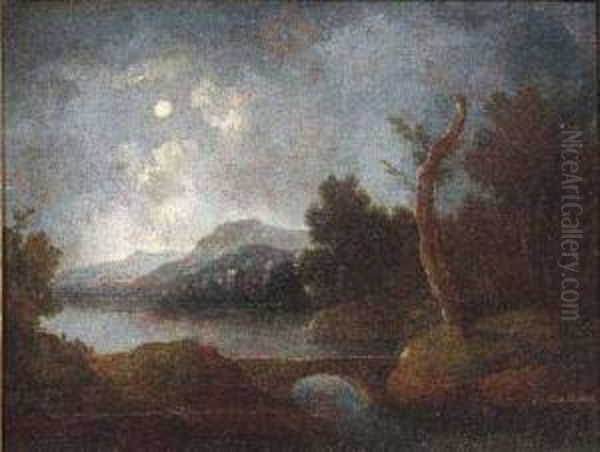 Paesaggio Fluviale Notturno Con Ponticello Oil Painting by Johann Christoph Von Bemmel