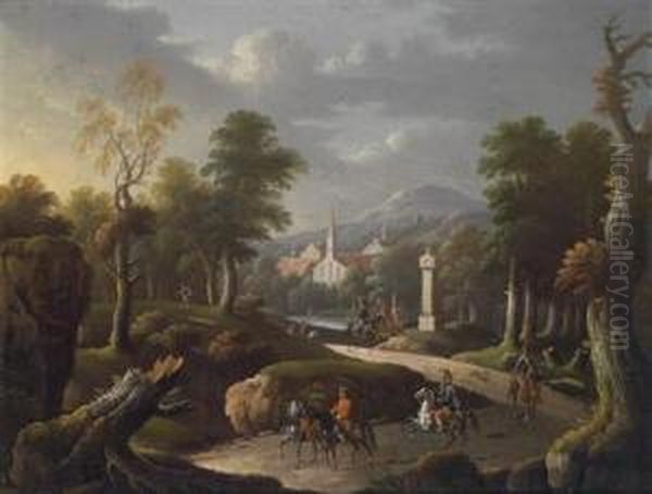 A Mountainous Landscape With Travellers On A Road And A Town In The Background Oil Painting by Johann Georg Von Bemmel