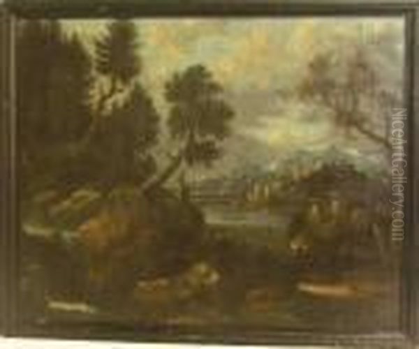 Flusslandschaft Mit Burganlage Und Personenstaffage Oil Painting by Johann Georg Von Bemmel