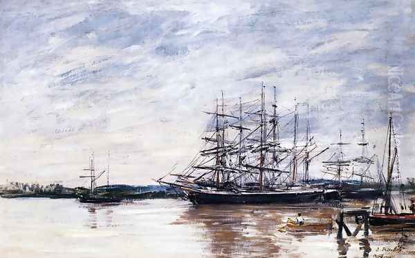 Three Masted Ship in Port, Bordeaux Oil Painting by Eugene Boudin