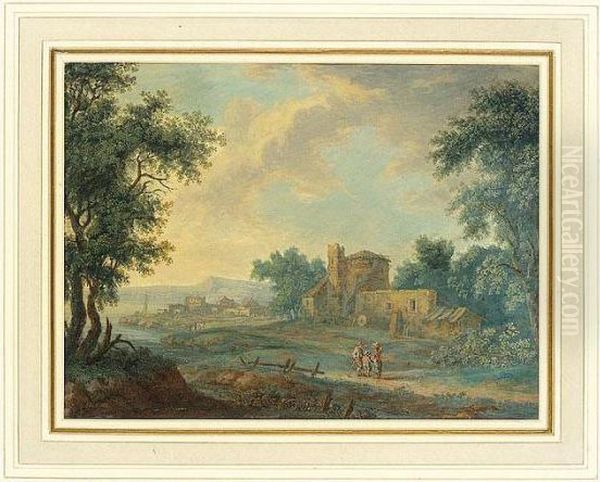 A Pair Of Landscapes With Figures And Buildings By A River Oil Painting by Karl Sebastian Von Bemmel