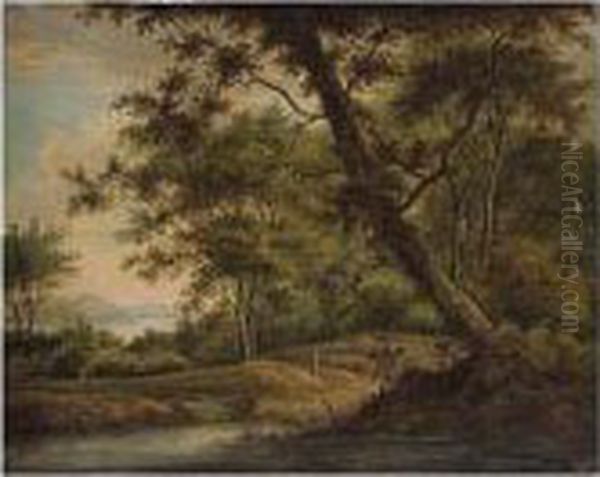 A Wooded River Landscape With Figures On A Path Oil Painting by Karl Sebastian Von Bemmel