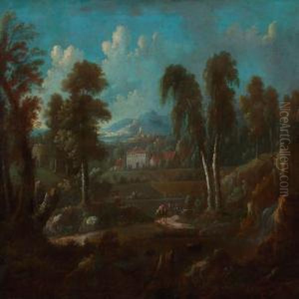 Arcadian Landscape With Houses Near A River Oil Painting by Peter Von Bemmel