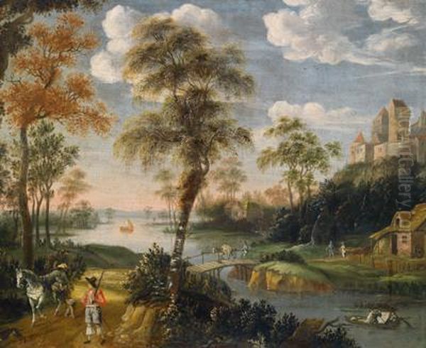 Flusslandschaft Mit Einer Hochgelegenen Burg Und Figurenstaffage Oil Painting by Peter Von Bemmel