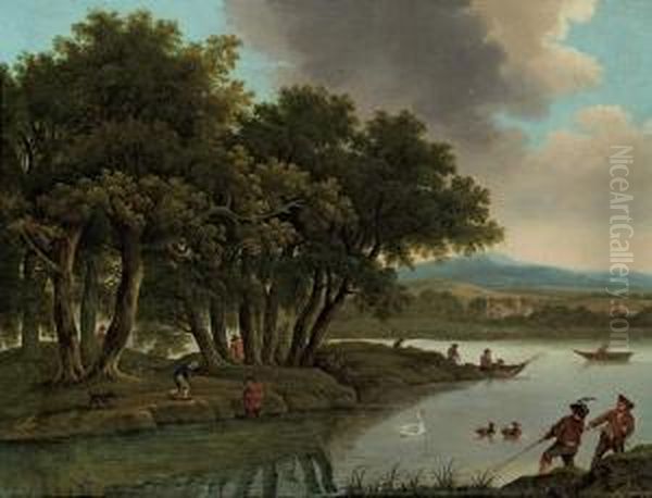 Flusslandschaft Mit Fischer Oil Painting by Peter Von Bemmel