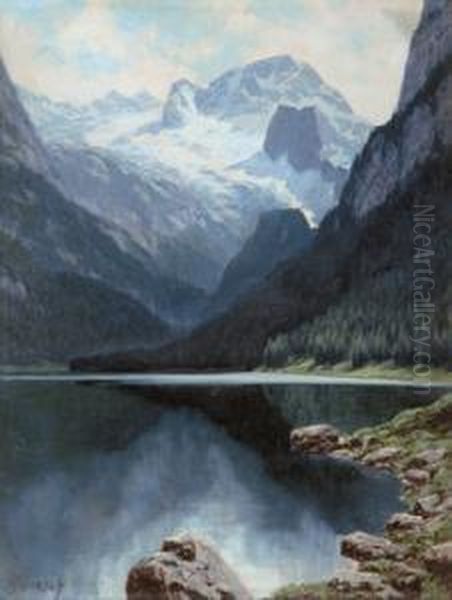 Gosausee Mit Dachstein Oil Painting by Ladislaus Von Benesch