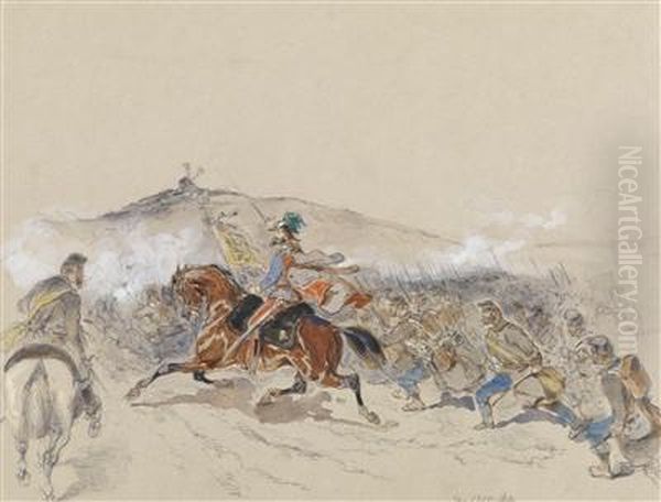 Soldaten Und Ihr Anfuhrer Bei Der Attacke Oil Painting by Alexander Ritter Von Bensa