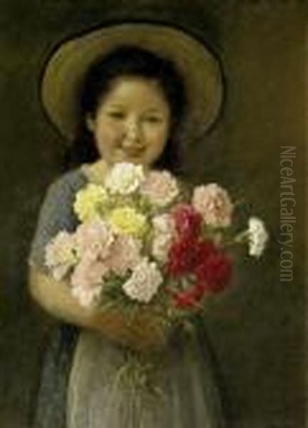 Girl With A Bouquet Of Flowers Oil Painting by Carl Von Bergen