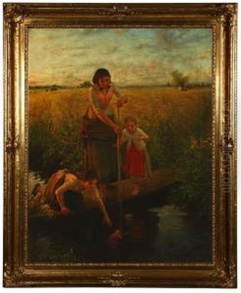 Girls Rescuing Doll In A Stream Oil Painting by Carl Von Bergen