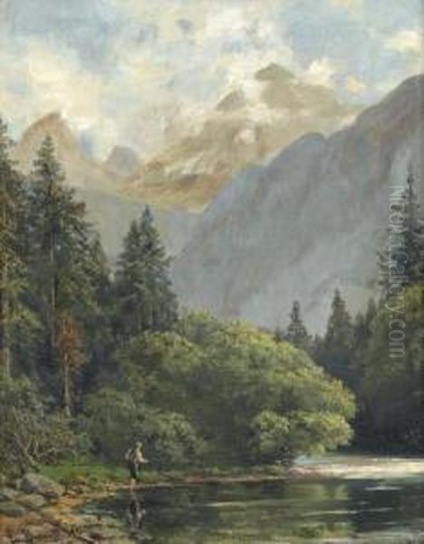 Landschaft Bei Berchtesgaden Mit Angler Am Flussbett. Oil Painting by Ernst Von Bernuth