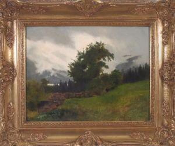 Blick Von Einer Wiese Uber Baume Auf Einen See Vor Wolkenverhangenen Bergen Oil Painting by Ernst Von Bernuth