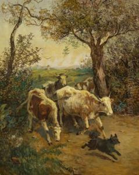 Landscape With A Smallherd Of Cows In The Foreground Oil Painting by Joseph I Von Berres