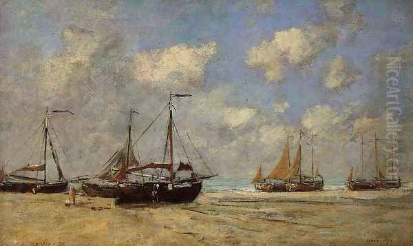 Scheveningen, Boats Aground on the Shore Oil Painting by Eugene Boudin