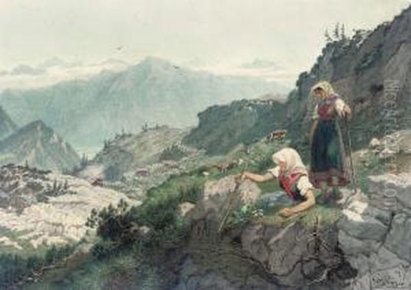 An Alpine Landscape With Two Peasant Girls Seated On Rocks In Theforeground Oil Painting by Carl Von Binzer