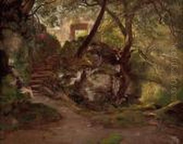 Waldstuckmit Schlos, Treppe Und Sitzendem Wanderer Oil Painting by Carl Von Blaas