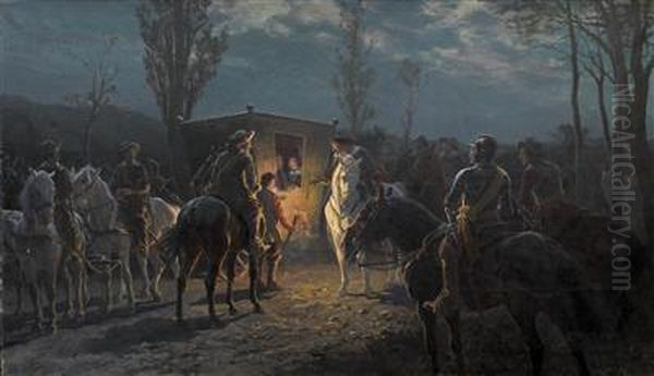 Night-time Scene. Horsemen Detain An Elegant Carriage Oil Painting by Julius von Blaas