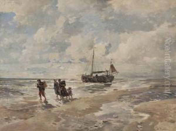 Shore View With Fisherfolk, Ketch, And Horse Cart Oil Painting by Gregor Von Bochmann