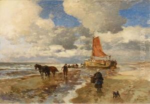 Strandlandschaft Mitfischern Oil Painting by Gregor Von Bochmann