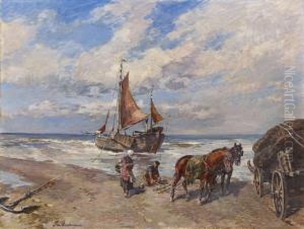 Strandlandschaft Mitfischern Und Pferdewagen Oil Painting by Gregor Von Bochmann