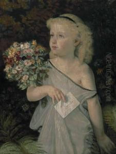 Portrait Eines Blonden Madchens Mit Blumenstraus Und Brief Oil Painting by Guerman Von Bohn