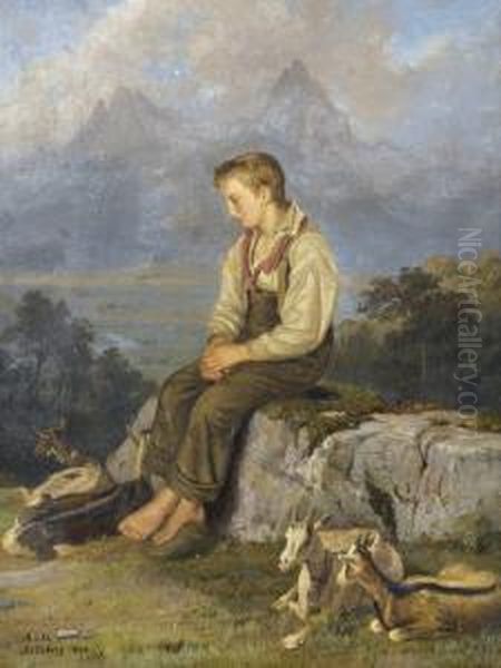 Hirtenbub Mit Ziegen Vor Den Mythen. Oil Painting by Abraham Sigmund Von Bonstetten