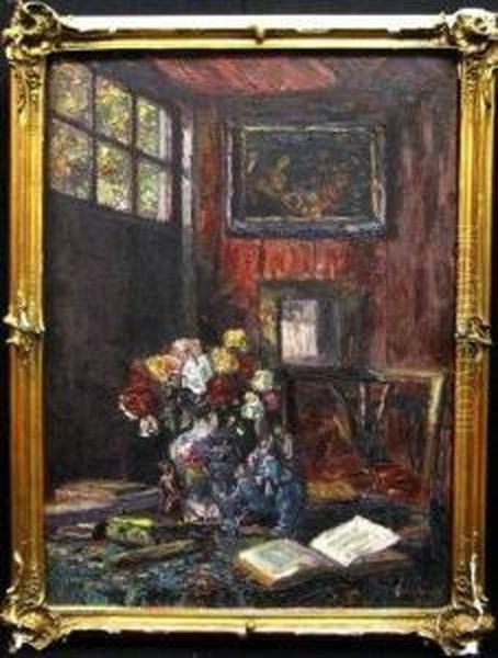 Flowers In A Vase By A Window In An Interior Oil Painting by August Von Brandis