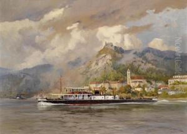 A Cargo Ship Near Durnstein Oil Painting by August Von Brandis