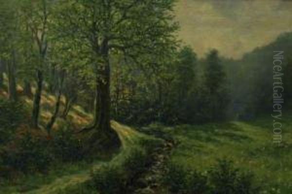 Landschaftsdarstellung Mit Bach Und Waldweg Oil Painting by Von Bredow