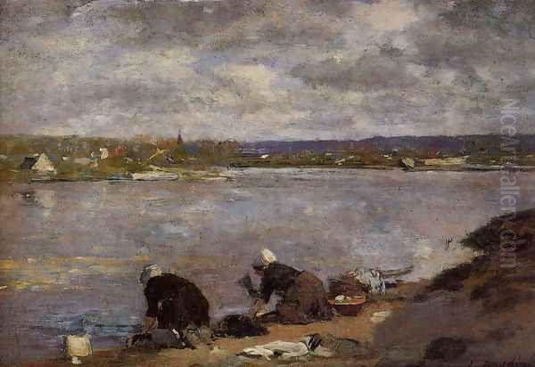 Laundresses on the Banks of the Touques XIV Oil Painting by Eugene Boudin