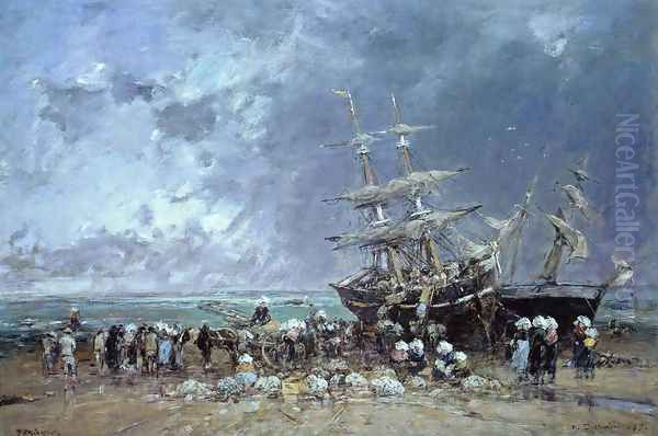 Unloading a Newfoundland Fishing Boat Oil Painting by Eugene Boudin