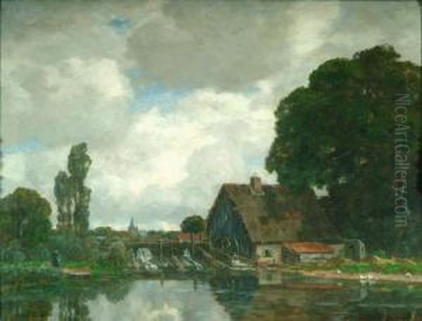 Am Flus Gelegenes Muhlhaus Mit Einem Stauwehr Oil Painting by Gilbert Von Canal