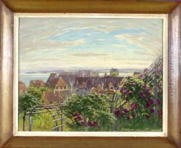 Meersburg - Blick Von Einer Anhohe Auf Die Dacher Der Stadt, Die Burg Und Den Bodensee Im Hintergrund, Vorne Rot Bluhende Straucher Oil Painting by Hans Von Clossmann