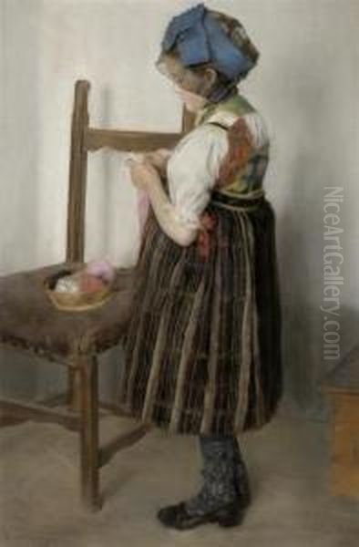 Girl Knitting Oil Painting by August Von Conring