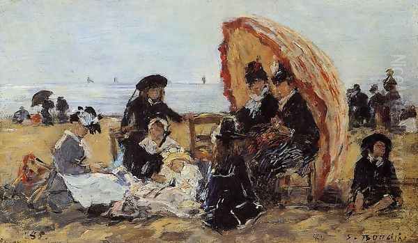 Trouville, on the Beach Sheltered by a Parasol Oil Painting by Eugene Boudin